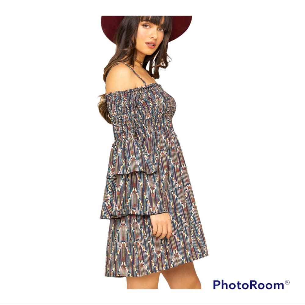 NWT Molly Bracken ZigZag Cold Shoulder Smocked Bell Sleeves Mini Dress